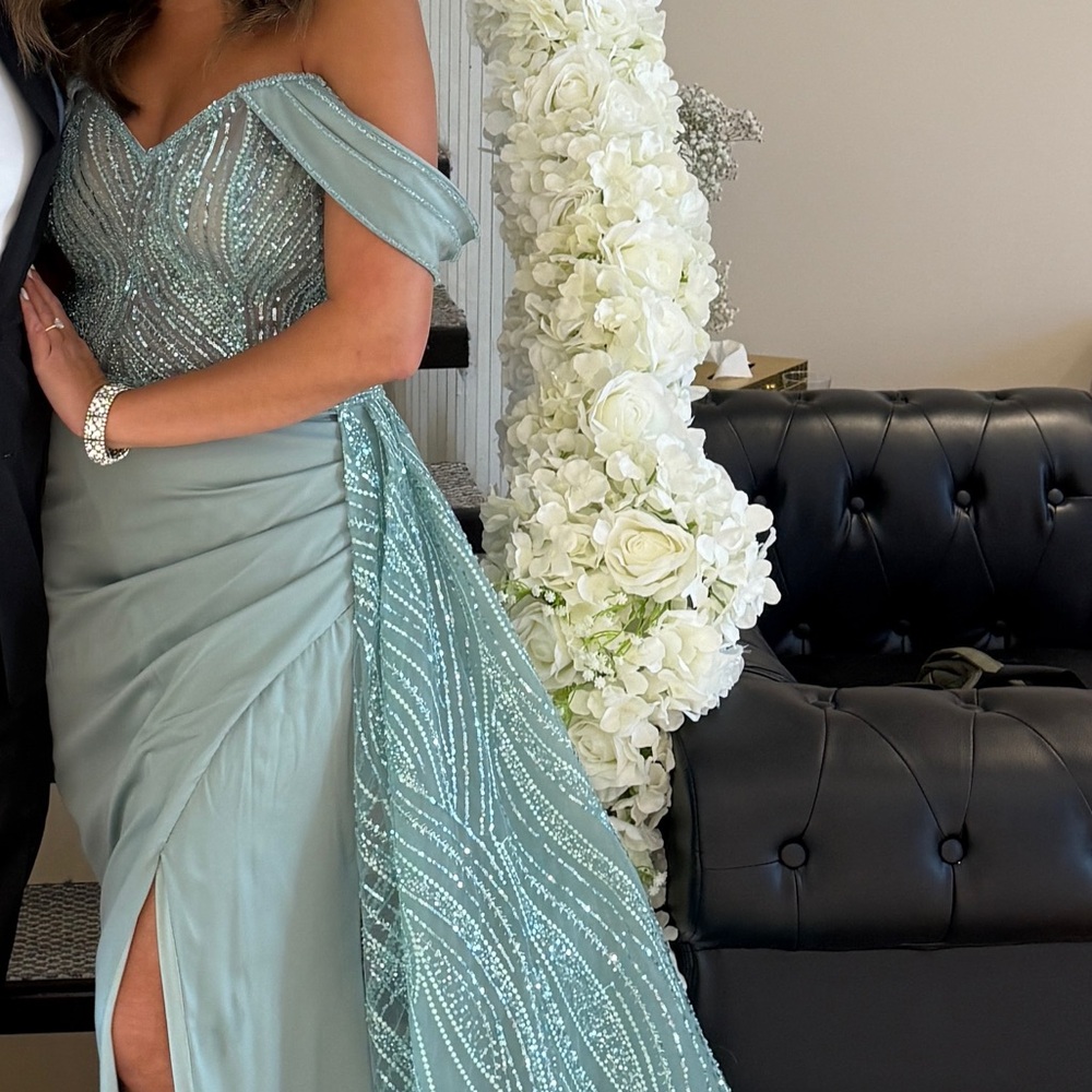 Teal Off-Shoulder Beaded Catwalk Couture Gown